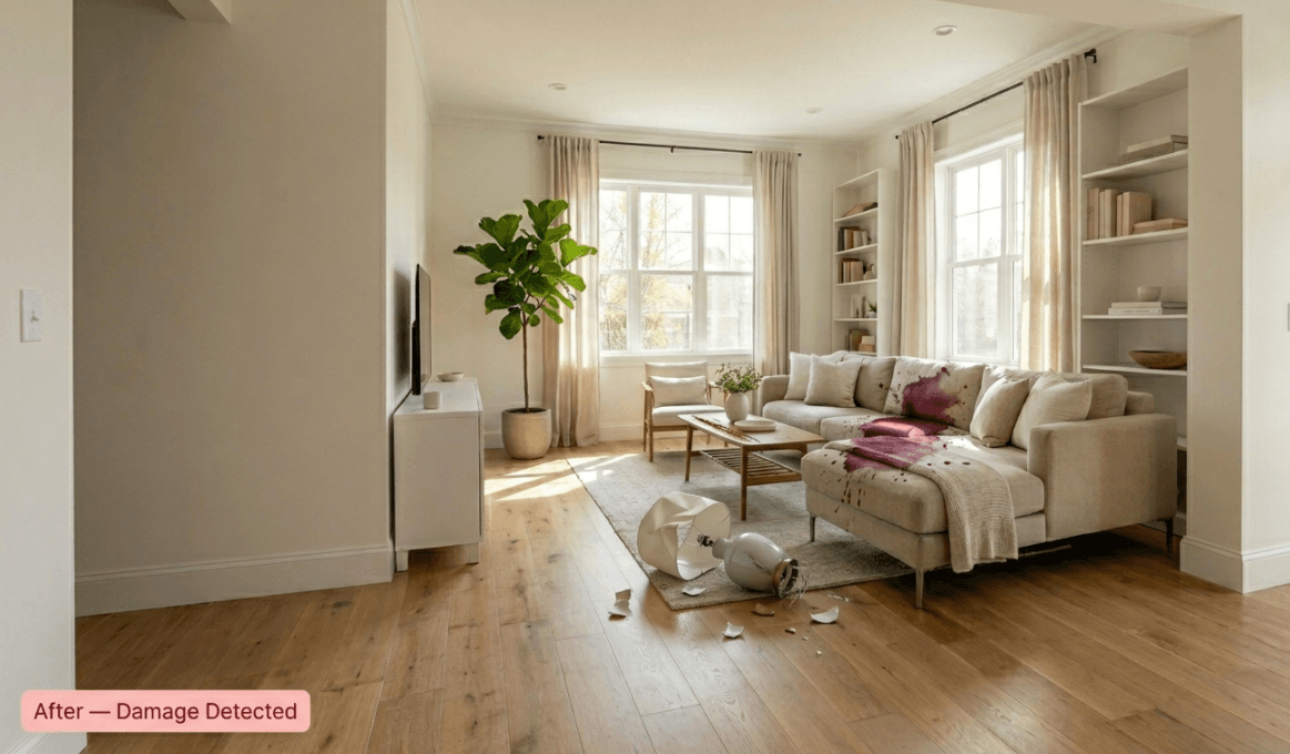 Living room with damage detected badge