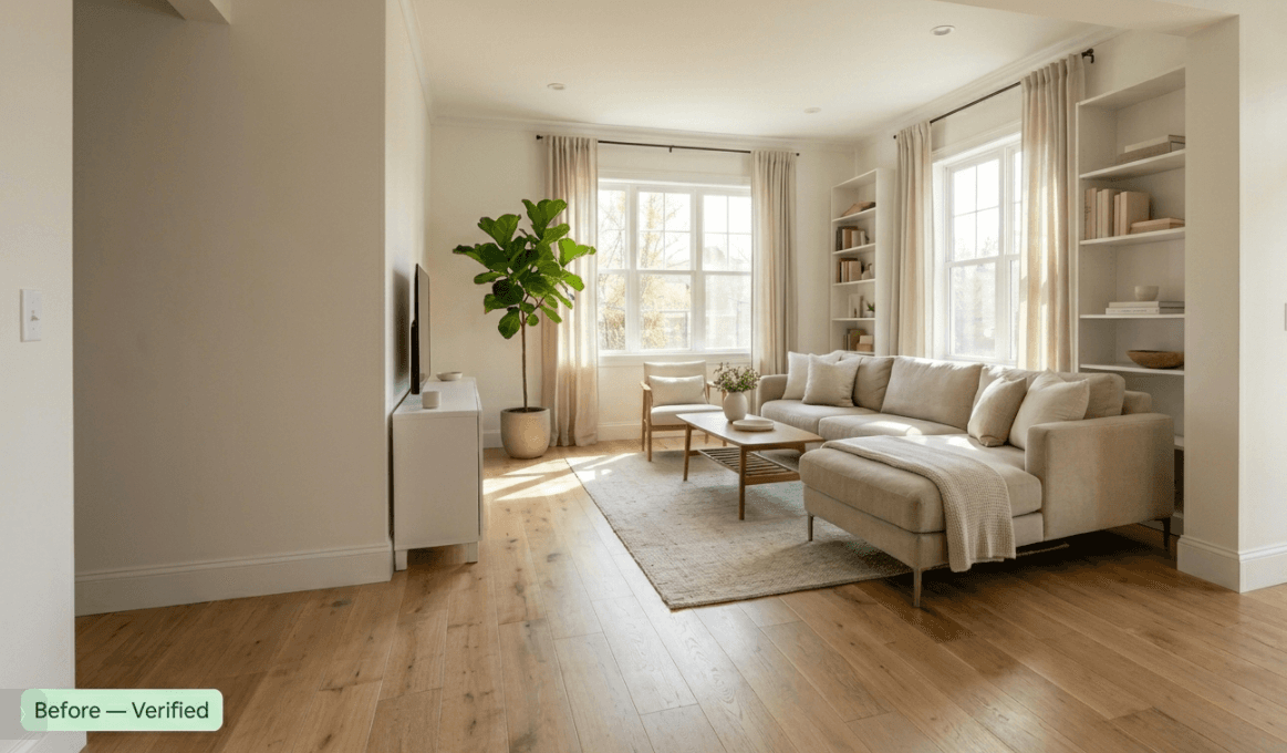 Clean living room with Before Verified badge